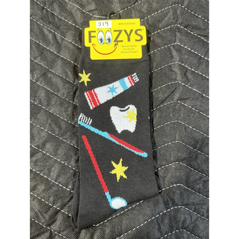 Foozys Dental Socks Men 10-13 Black NWT Toothbrush Toothpaste Novelty Crew FM-88